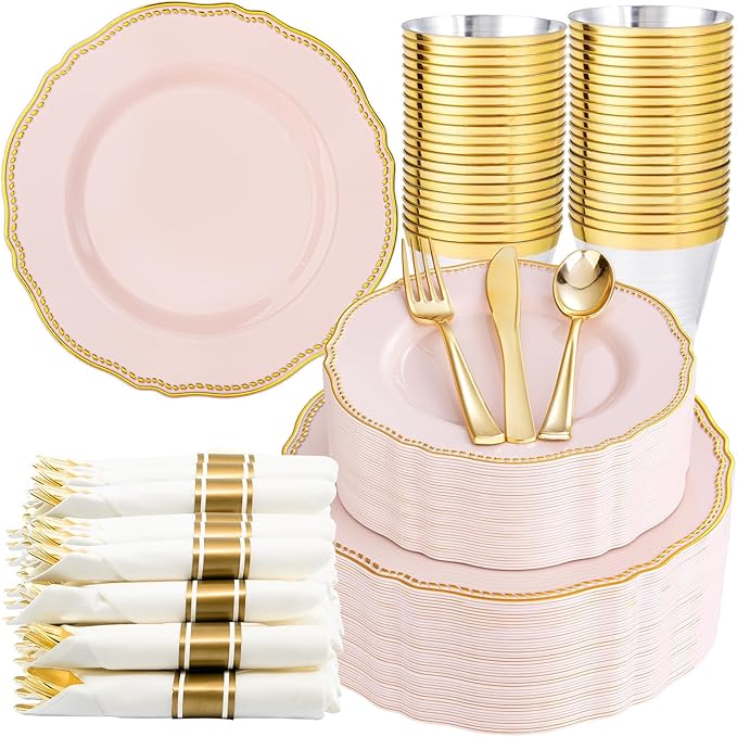 Hioasis 350pcs Pink and gold Plastic Plates - Pink Plastic Dinnerware Set Includes 50 Dinner Plates, 50 Dessert Dinnerware, 50 Cups, 50 Rolled Napkin Cutlery Perfect for Wedding & Easter