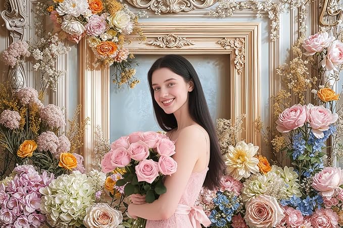9X6ft Retro Wall Wedding Backdrops Frame Style Colorful Flowers Wall Background Medieval Building Photo Background for Mothers Day Bridal Baby Shower Birthday Girls Women Decoration Backdrop