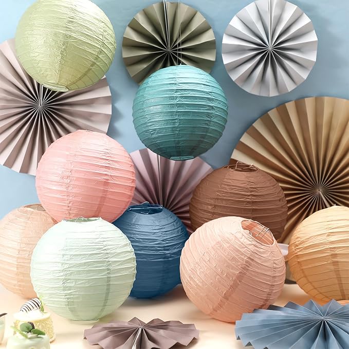 Wavwavw 18 Pcs Boho Hanging Paper Lanterns and Paper Fans Decor Back to School Party Decorations Round Boho Garlands Bulletin Board Decor for Classrooms Office Ceilings Wall Birthday Party Supplies