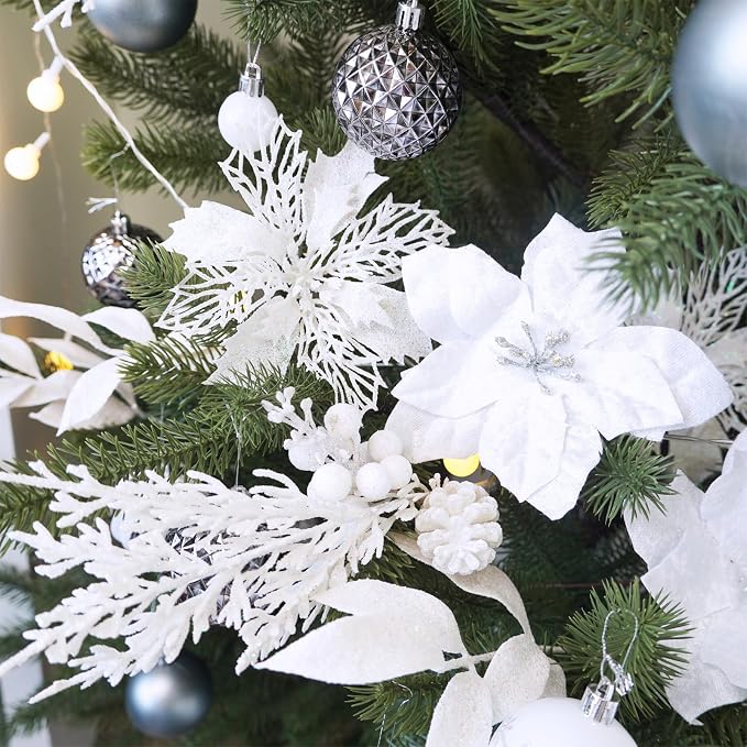 Winlyn 35 Pcs Christmas Artificial Poinsettia Flowers Picks and Artificial Leaves Sprays White Glitter Christmas Floral Picks for White Christmas Tree Wreath Garland Holiday Centerpiece Decorations