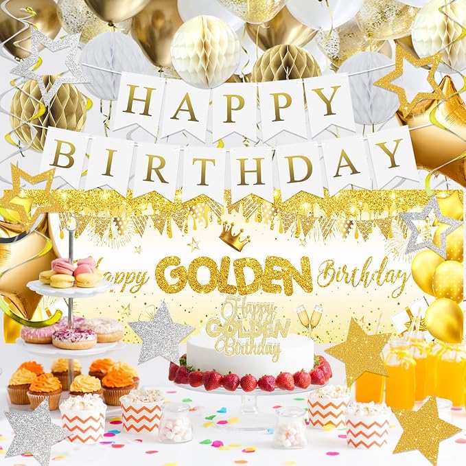 Golden Birthday Party Decorations, Happy Birthday Banner, Backdrop, Balloons, Honeycomb Balls, Star Foil Balloons, Stars Hanging Swirls & Cake Topper for Baby Boys Girl Men Women Birthday Decoration