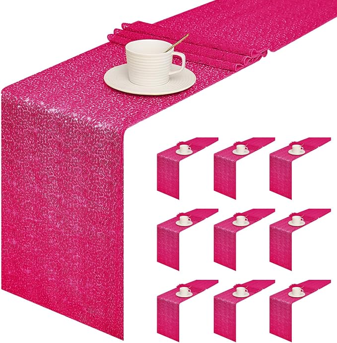 Sugargirl 10 Packs 12 x 72 inches Sequin Table Runner, Glitter Hot Pink Table Runner for Birthday Party Supplies Wedding Holiday Celebration Event Decorations