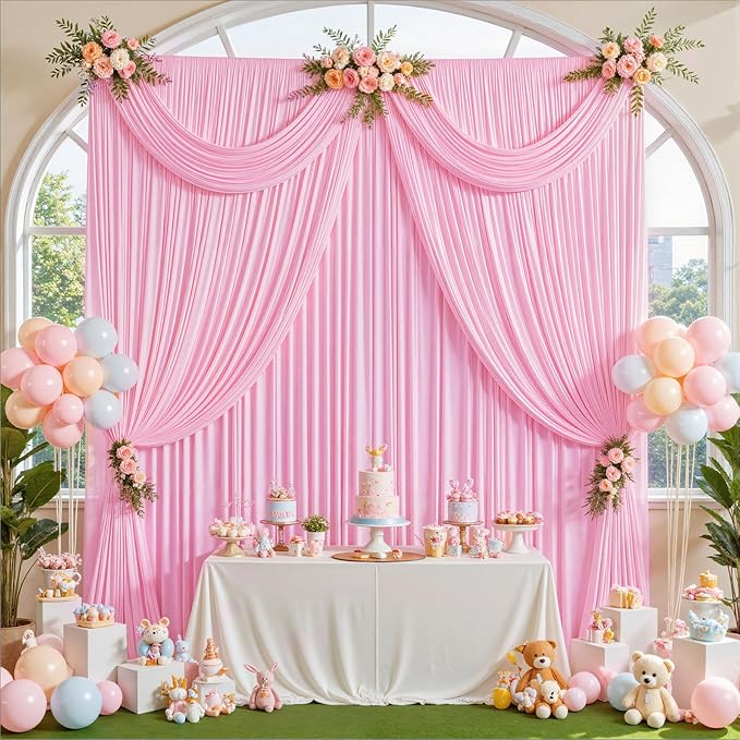 40ft x 10ft Wrinkle Free Baby Pink Backdrop Curtains for Parties, 8 Panels 5x10ft Silky Polyester Photo Backdrop Drapes for Birthday Wedding Party Photography Background Decoration