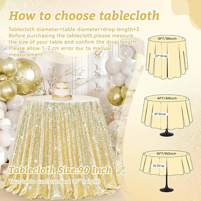 B-COOL Round Sequin Tablecloth Draping Decorations: Light Gold 90 Inch Tablecloths Sequin Overlay Green Shimmer Fabric for Birthday Dinner Parties Graguation