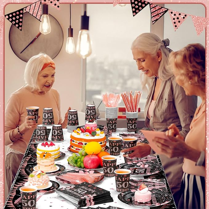 Funnymoom 452 Pcs 50th Birthday Decorations for Women Black and Rose Gold 50th Birthday Paper Plates Cups Napkins Tablecloth Cutlery Straws for Girls Women 50 Year Old Party Supplies for 50 Guests