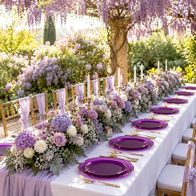 YOUBET 125PCS Purple Plastic Plates - Purple Disposable Plates With Gold Rim - Include 50 Dinner & Dessert Plate, 75 Gold Cutlery Perfect for Wedding Parties & Party