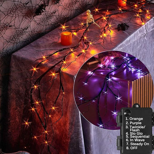 LITBLOOM Lighted Black Glittered Garland with 48 Orange and Purple Bi-Color Lights, Halloween Garland with Lights 8 Functions 6FT Battery Operated for Home Party Halloween Decoration Indoor Outdoor