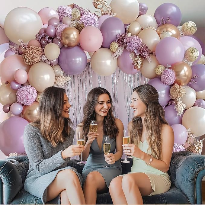 Purple Pink Beige Balloons Arch Kit, Double Stuffed Purple and Pink Balloon Garland with White Sand Lavender Rose Metallic Gold Balloons for Weddings Birthdays Party Decoration