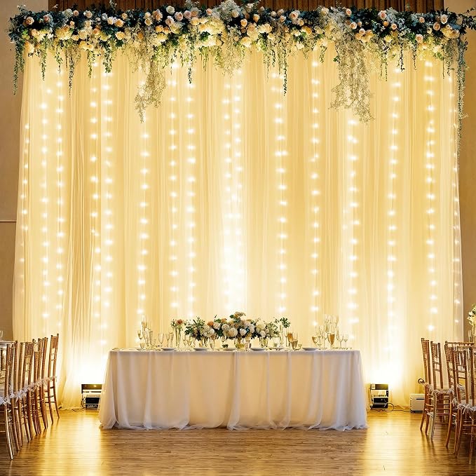 10ft x 10ft Champagne Sheer Tulle Backdrop Curtains with Lights String for Party Wedding Wrinkle Free Curtain Backdrops Drape for Baby Shower Birthday Party Photo Back Drop Background Home Decorations