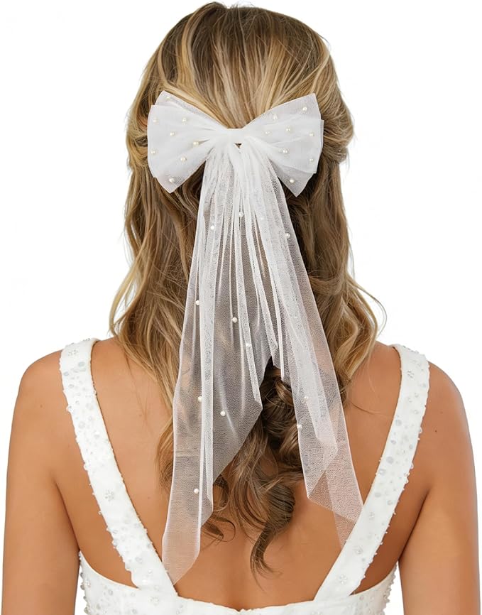 LADY&HOME Bride Hair Bow Veil Bachelorette Party Bridal Veil 2 Tier Bow Pearl Clip for Bridal Shower Wedding