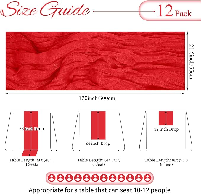 12 Pack Red Cheesecloth Table Runner 10FT Boho Gauze Cheese Cloth Table Runner Rustic Sheer Fabric Table Runners for Wedding Bridal Shower Baby Shower Party(21.5×120 Inch)