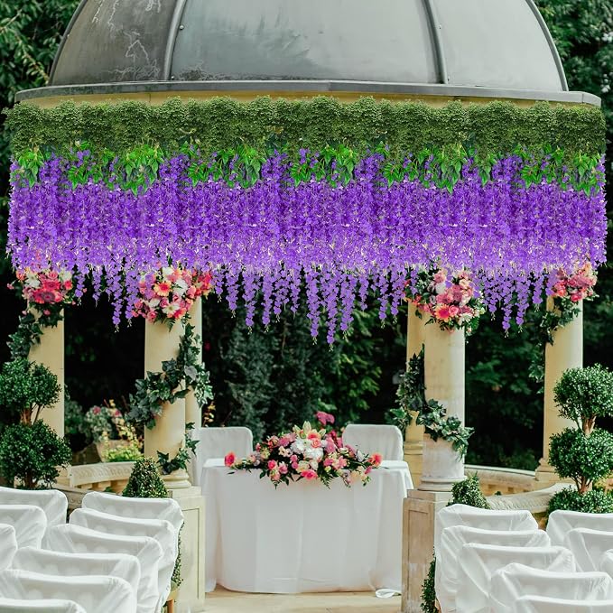 12 Pack Artificial Wisteria Hanging Flowers Fake Wisteria Flower Garland Silk Vines Rattan Decor for Home Wedding Arch Wall Garden Greenery Bedroom Outdoor Office Party Decoration (Purple)