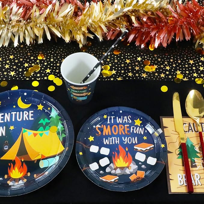 Recheel Camping Party Supplies Decorations, Campfire Hiking Camper Theme Birthday Paper Plates and Napkins Set with Cups and Straws for 24 Guests, 120 Pcs Disposable Party Snack Dinnerwares
