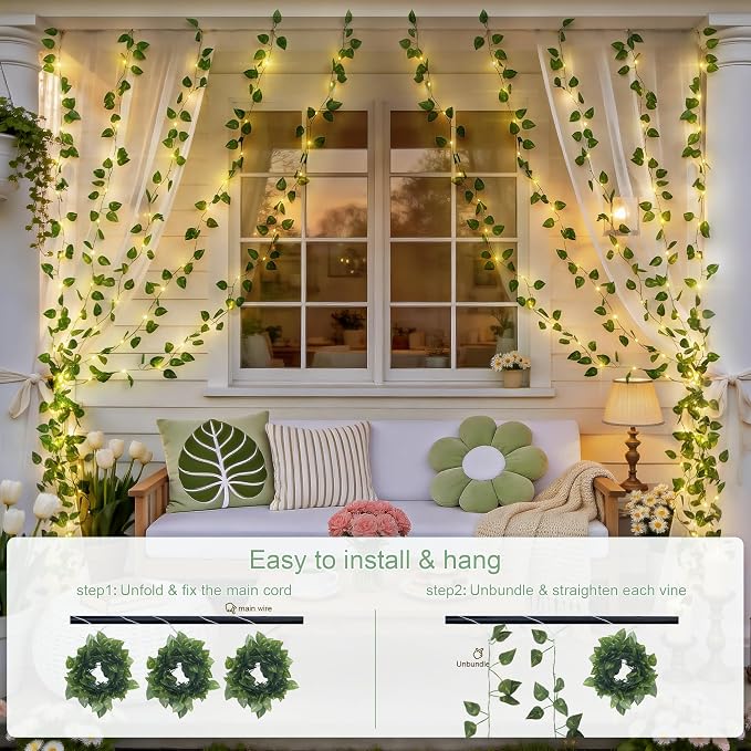JMEXSUSS 200 LED Vine Lights Battery Operated & USB Powered, Pothos Vines with Fairy Lights Waterproof, Curtain Lights with Remote for Bedroom, Wedding, Dorm, Indoor, Outdoor Decor, 6.5x6.5ft