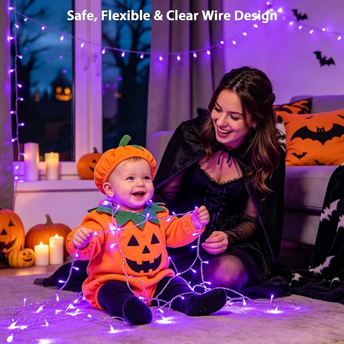 JMEXSUSS 99Ft Purple Halloween Lights, 300 LED Purple Christmas String Lights Clear Wire, Fairy Lights Indoor Outdoor Yard Tree Xmas Spooky Halloween Party Decor (Non-Connectable)