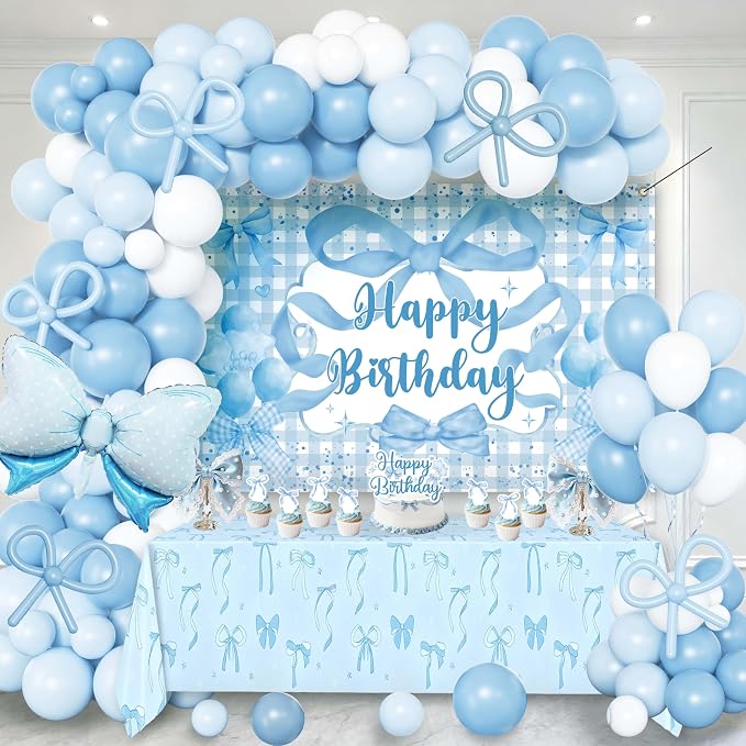 Blue Bow Birthday Decorations for Girls, Coquette Party Supplies with Gingham Backdrop, Tablecloth, Cake Toppers, Giant Foil Bow, Pastel Blue Balloon Arch Kit for Soft Girl Bday Photo Prop