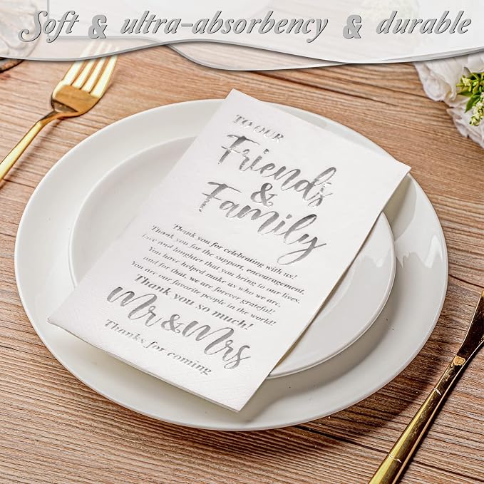 200 Pcs Wedding Napkins Mr & Mrs Dinner Napkins for Reception Disposable Decorative Towels for Wedding Shower Banquet Rehearsal Dinner Decor (Silver)