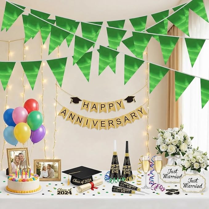 40M/130FT Green Triangle Pennant Banner Flag Metallic Fabric Bunting Garland for Christmas Graduation Safari Birthday Tropical Jungles Wedding Bachelorette Engagement Party Decoration Supplies