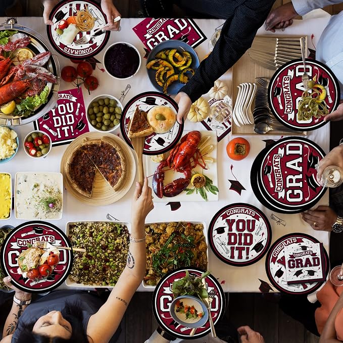 Gatherfun Graduation Party Supplies Dinnerware Set maroon Disposable dinner paper plates dessert paper plates and Napkins for Congrats Grad Party Decorations, Serve 50