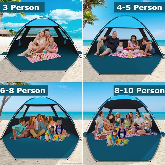 COMMOUDS Beach Tent Sun Shelter for 3/4/6/8 Person, UPF 50+ UV Protection Beach Shade Canopy Tent, Lightweight, Easy Set Up and Carry