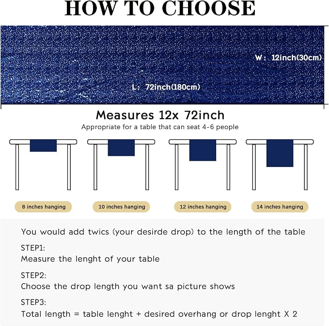 10 Packs 12 x 72 inches Sequin Table Runner, Navy Blue Glitter Table Runner for Birthday Party Supplies Wedding Engagement Baby Shower Holiday Celebration Event Decorations