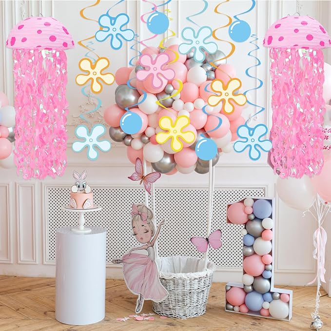 Whaline 30 Pcs 10 Inch Cartoon Sponge Themed Birthday Party Decoration Jellyfish Hanging Paper Lanterns with Tassel Hanging Swirls Ornament for Summer Mermaid Ocean Under The Sea Party Home Classroom