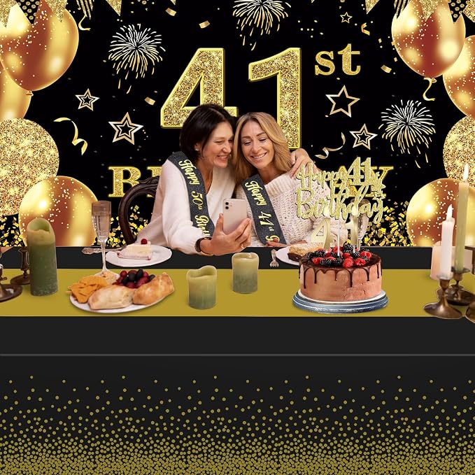 41st Birthday Decorations Men Women with 41st Birthday Banner, Black and Gold Table Cloth, Number Balloons, Large Sash, Cake Topper and Candles