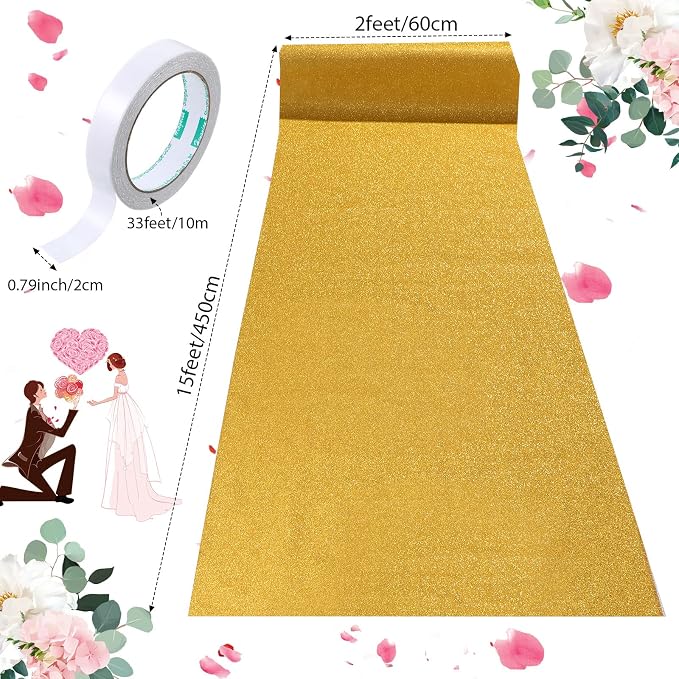 Shihanee Sequin Aisle Runner for Wedding Glitter Rug with Carpet Tape Sparkly Prom Outdoor Floor Birthday Carpet Runner for Ceremony Event Graduation Party(2 x 15 ft,Gold)