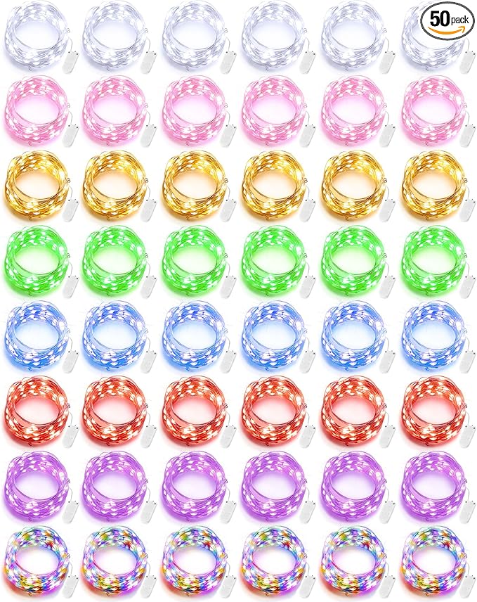 Riakrum 50 Pack 16.4 ft 50 LED Fairy Lights Battery Operated, Christmas Tiny String Lights Bulk Starry Light Waterproof for Mason Jars Wedding Party Christmas Centerpiece Table Decor, Mixed Color