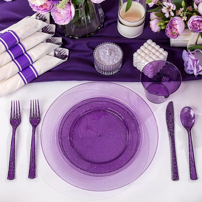 DaYammi 210 Purple Glitter Plastic Dinnerware Set for 30 Guests, Fancy Disposable Plates for Party, Include: 30 Dinner Plates, 30 Dessert Plates, 30 Pre Rolled Napkins with Purple Silverware, 30 Cups