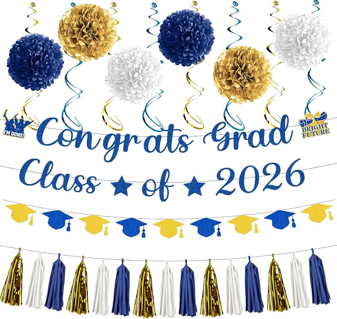Rakuto Navy Blue and Gold Graduation Decorations 2026, 32PCS Congrats Grad Class of 2026 Glitter Banners and Hanging Swirls, Congratulations Grad Tassel Garland and Paper Pom Poms Party Decor