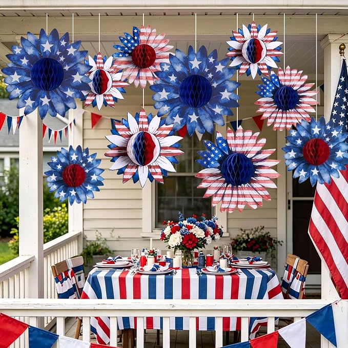 SUNBEAUTY 4th of July Patriotic Decorations Red White Blue Hanging Honeycomb Balls Independence Day Paper Honeycomb Flower for Memorial Day USA Flag Veterans 250th Anniversary Party Supplies