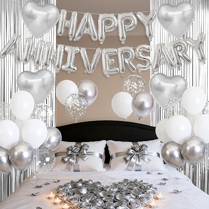 Anniversary Decorations Silver,Happy Anniversary Balloon Banner with Heart Foil Balloons Fringe Curtain for Wedding Party Valentine's Day Romantic