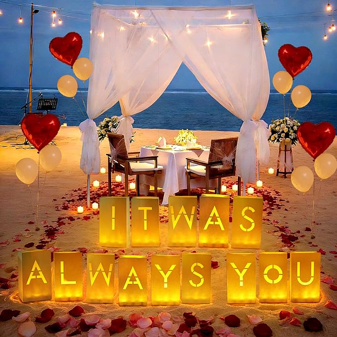 It was Always You Luminary Paper Bags with LED Flameless Candles and Rose Petals Balloons Light Up Letters for Valentines' Day Anniversary Proposal Special Romantic Decorations