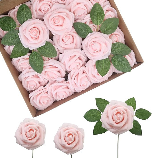 JOYLEX Artificial Flowers Realistic Roses, 25pcs Real Looking Fake Roses with Stem for DIY Wedding Bouquets Centerpieces Bridal Shower Party Home Romantic Decorations (25pcs, Light Pink)