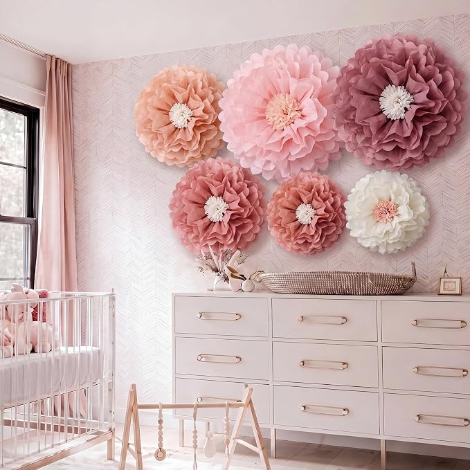 Giegxin 6 Pcs 40'', 31.4", 24" Boho Pink Giant Paper Flowers for Wall Decorations Pink White Big Jumbo Tissue Crepe Flowers Boho Party Decorations Floral for Wedding Baby Shower Classroom Backdrop