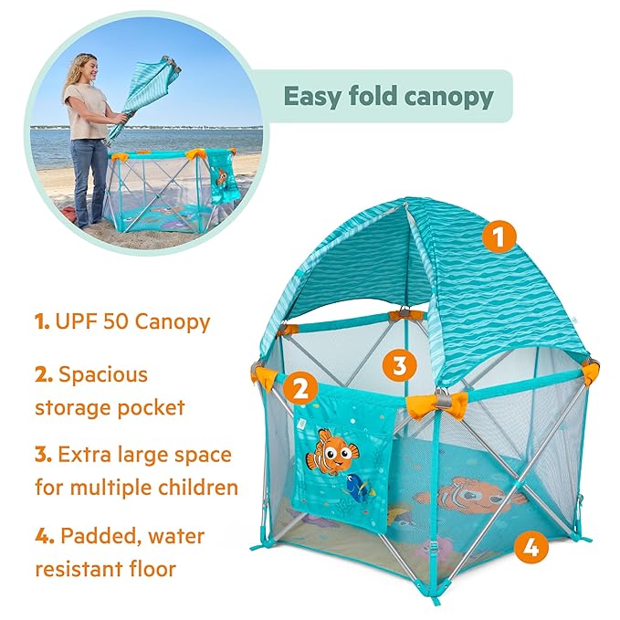 Bright Starts Disney Baby Finding Nemo Pop 'N Play Deluxe Portable Playard, Pop-and-Fold, Baby Beach Tent, UVA/UVB Protection, Indoor/Outdoor, 6 Months+