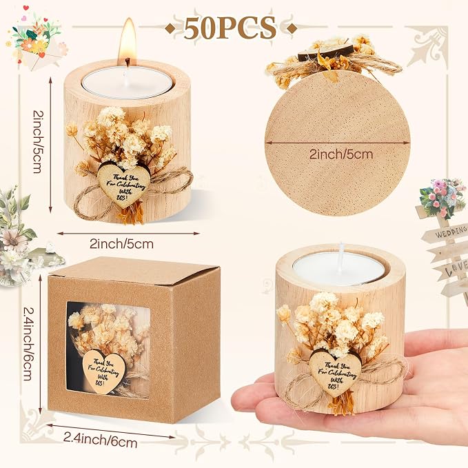 50 Pcs Rustic Wedding Party Favor Candle Holders Bridal Shower Favors Wooden Candles Favors Gifts Souvenirs for Guest Romantic Gifts Wedding Decorations (Light Brown)