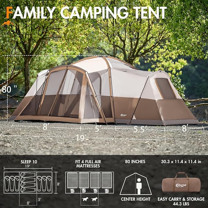 PORTAL 6/8/10 Person Family Camping Tent with Screen Room, Water Resistant Big Tunnel Tents with Rainfly, Large Family Tent for Camping, Outdoor, Patio