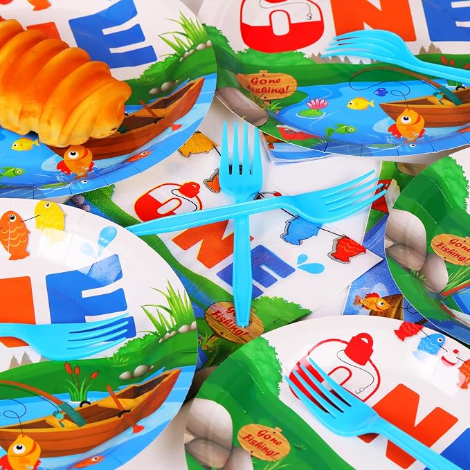 50 GuestsGone Fishing Plates and Napkins Party Supplies Ofishally One Birthday Party Decorations Disposable Tableware Set The Big One Dinnerware Favor for Kids Boys Girls, 200PCS