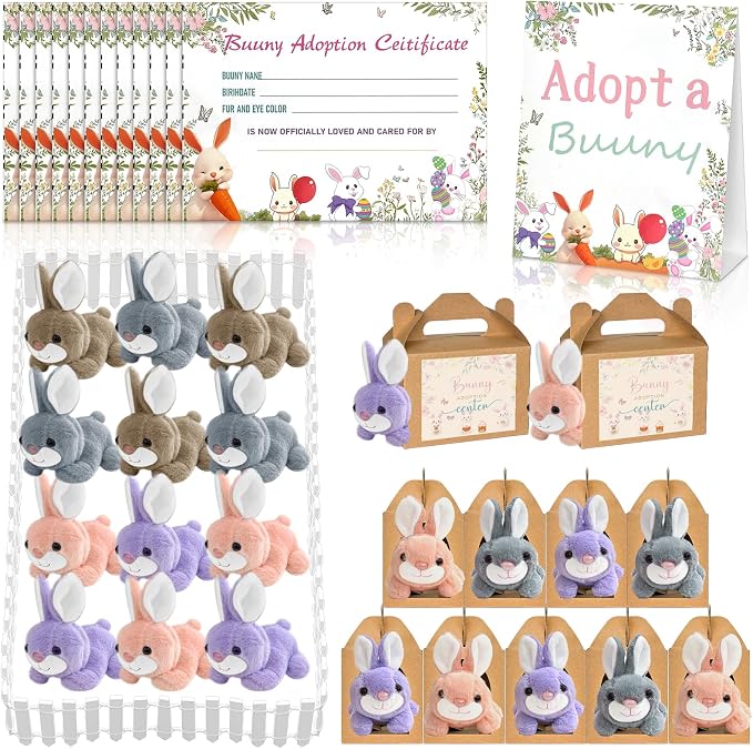 38 Pcs Adopt a Pet Bunny Party Favors Include 12 Mini Plush Easter Bunny 12 Foldable Boxes 12 Adopt Bunny Cards 1 Adopt Sign 1 Adopt Fence for Adopt a Pet Party (Bunny, 12 Set)