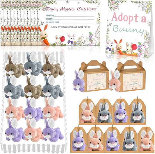 38 Pcs Adopt a Pet Bunny Party Favors Include 12 Mini Plush Easter Bunny 12 Foldable Boxes 12 Adopt Bunny Cards 1 Adopt Sign 1 Adopt Fence for Adopt a Pet Party (Bunny, 12 Set)