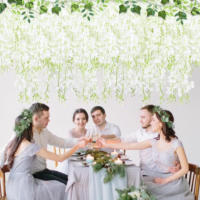LELEE 25 Pcs Artificial Wisteria Hanging Flowers 3.6ft White Fake Hanging Flowers Garland Silk Flowers Rattan String Faux Wisteria Vine for Wall Home Wedding Party Arch Greenery Backdrop Decor