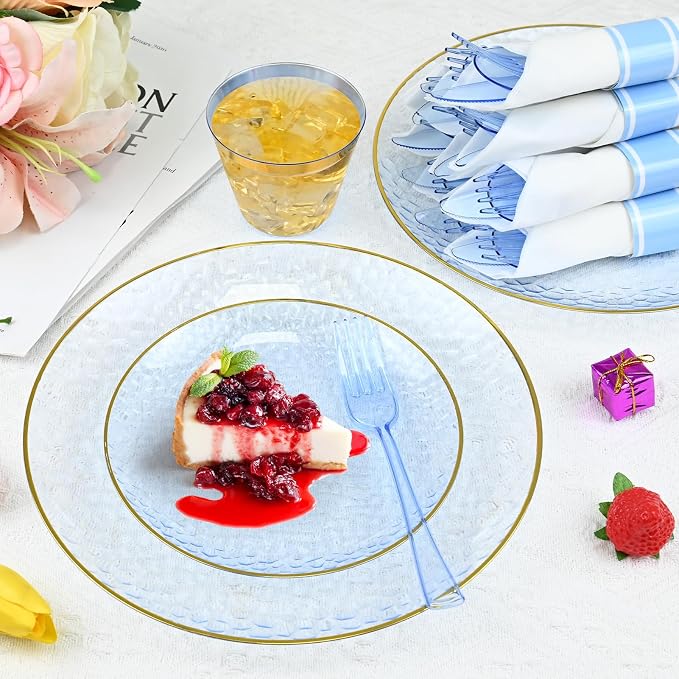 175pcs Blue Hammered Plastic Dinnerware Set for 25 Guests - Disposable Plastic Plates with Gold Rim, Heavy Duty 9oz Cups Pre-Rolled Napkins with Cutlery Ideal for Party