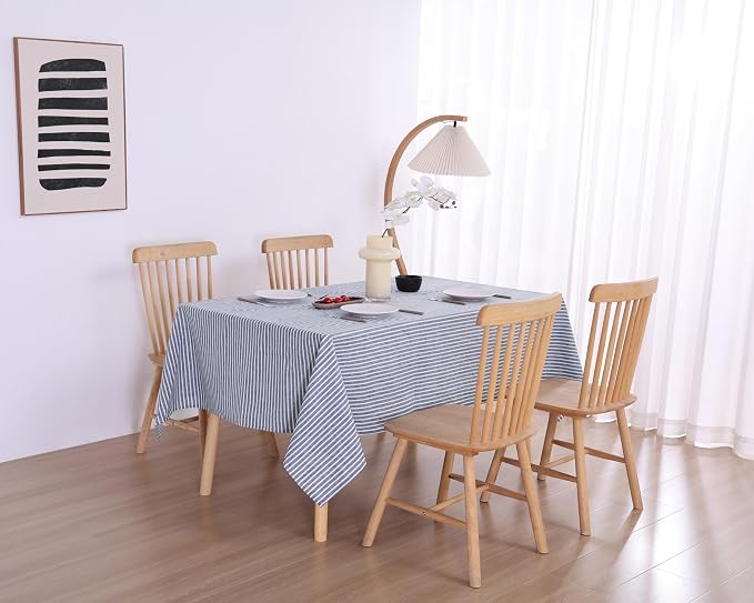100% French Flax Linen Tablecloths Rectangle 144Lx60W Inch for Dinners, Parties, Easter, Halloween, Camping, Stone Washed, Textured, Machine Washable, 12-14 Sets (60''x144'', Blue Stripe)