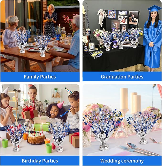 Metallic Star Spray Centerpieces 8 pack for Tables - Bulk 12.4" Foil Fountain Table Decorations for Large Events, Graduation 2026, Wedding Reception (Silver Blue Blend)