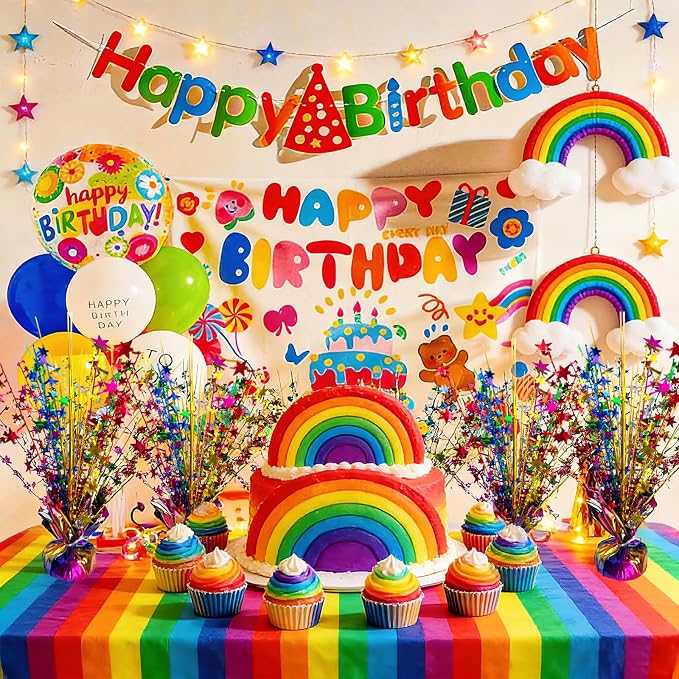 FUBININA 6 Pack Metallic Colorful Table Centerpiece Party Decoration Rainbow Theme Foil Spray Glitter Decor Star Tabletop Birthday New Year Fiesta Mexican Taco Cinco De Mayo Party Supplies, Multicolor