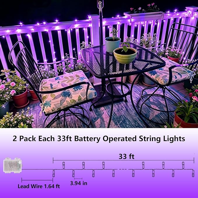 YEGUO Battery Operated String Lights, 2 Pack Each 33ft 100 LED Twinkle Fairy Lights Outdoor Waterproof, 8 Modes Clear Wire Purple Christmas Lights Indoor with Remote