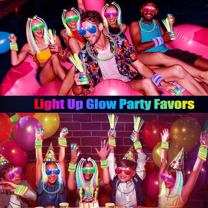 SHQDD 158 PCS Glow in the Dark Party Supplies, 14PCS LED Glasses, 30LED Finger Lights,14LED Light Hairs and 100PCS Glow Sticks Bracelets, Neon Party Favors for Wedding, Concert, 4th of july, Halloween