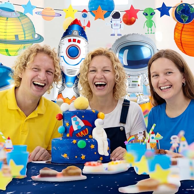 Sotiff 16 Pcs Outer Space Birthday Themed Party Decorations Supplies Includes Space Tablecloth Planet Paper Lanterns Plastic Universe Garland Astronaut Ufo Rocket Balloon for Star System
